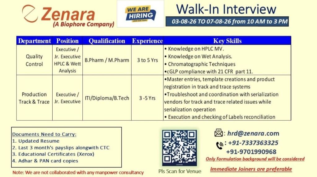 Zenara (A Biophore Company) Walk-In Interview | QC & Production Track & Trace Jobs | Apply Now