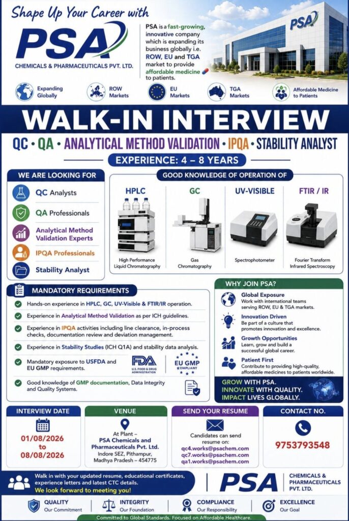 PSA Chemicals & Pharmaceuticals Walk-In Interview| QC, QA, AMV, IPQA & Stability Analyst Jobs
