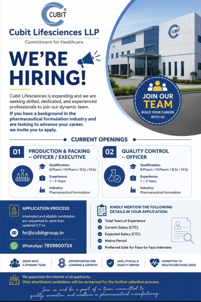 Cubit Lifesciences LLP Recruitment| Production, Packing & Quality Control Officer Jobs | Apply Now