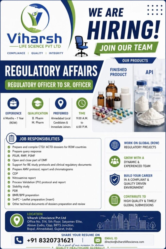 Viharsh Lifescience Pvt Ltd Recruitment| Regulatory Affairs Officer to Sr. Officer | B.Pharm / M.Pharm | Ahmedabad