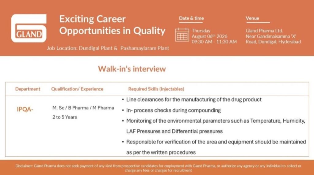 Gland Pharma Walk-in Interview| IPOQA (Injectables) Jobs | M.Sc/B.Pharm/M.Pharm | Hyderabad