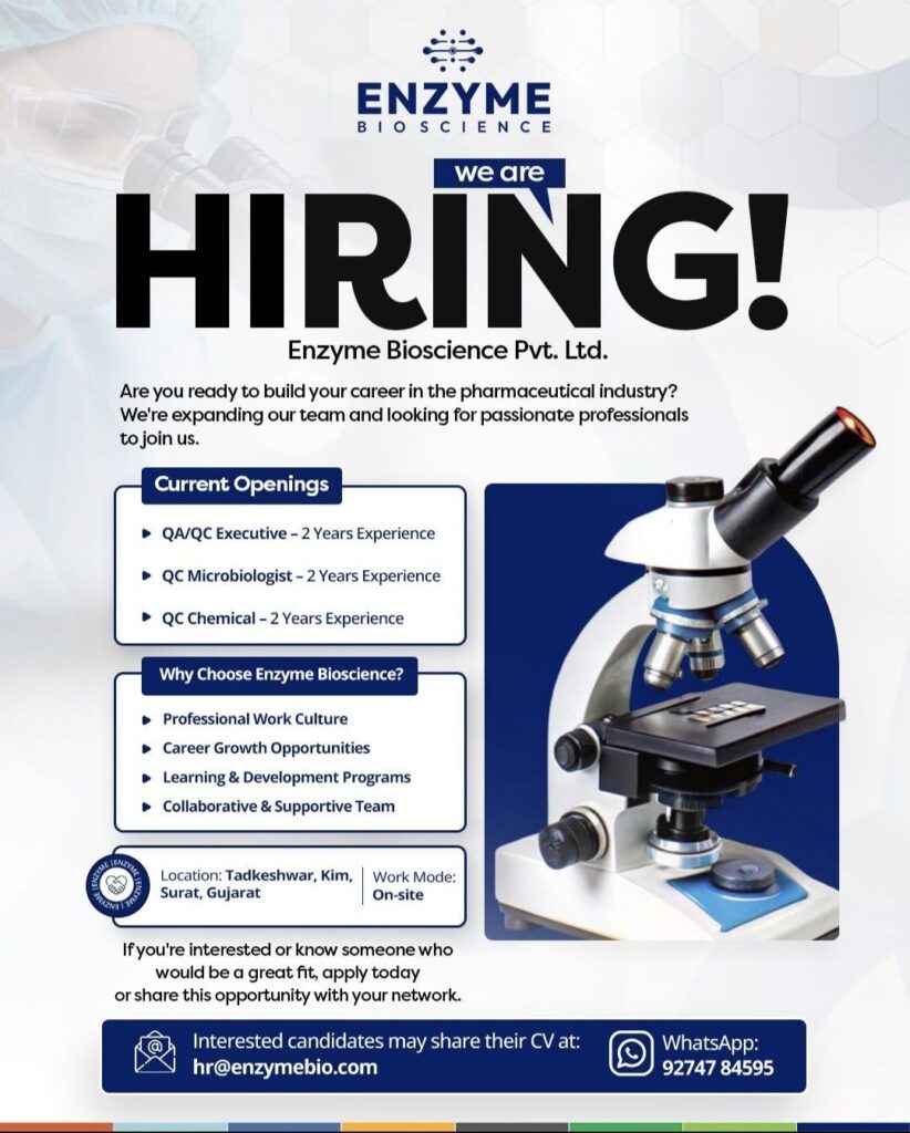 Enzyme Bioscience Pvt. Ltd. Hiring – QA/QC Executive, QC Microbiologist & QC Chemical Jobs in Surat