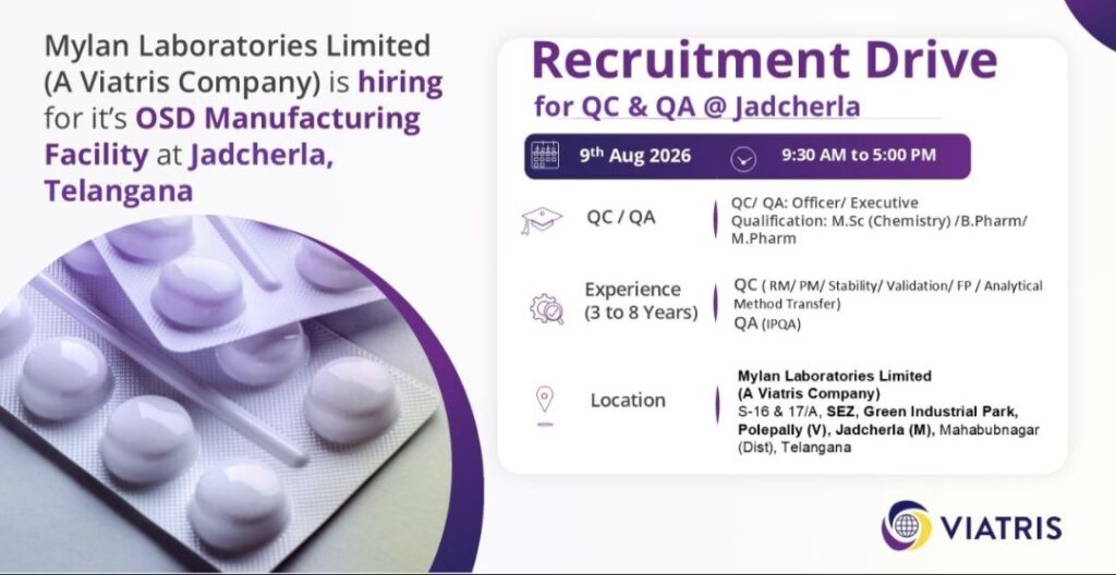 Mylan Laboratories Limited (A Viatris Company) Recruitment Drive – QC & QA Walk-In Interview at Jadcherla
