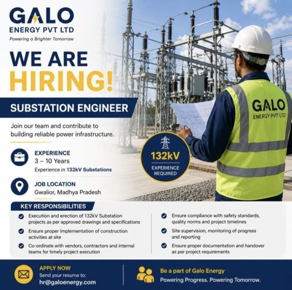 Galo Energy Pvt Ltd Recruitment– Hiring Substation Engineers for 132kV Projects in Gwalior