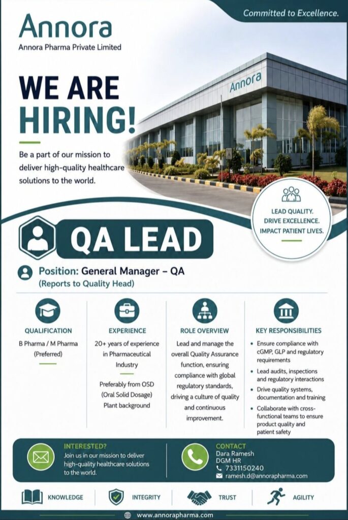 Annora Pharma Private Limited Hiring| General Manager – Quality Assurance (QA Lead)