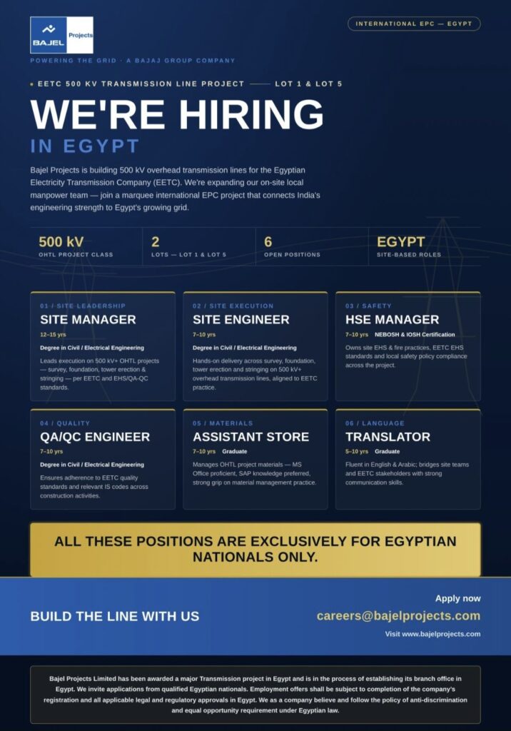 Bajel Projects Egypt Recruitment– Site Manager, Site Engineer, HSE Manager, QA/QC Engineer, Assistant Store & Translator Jobs