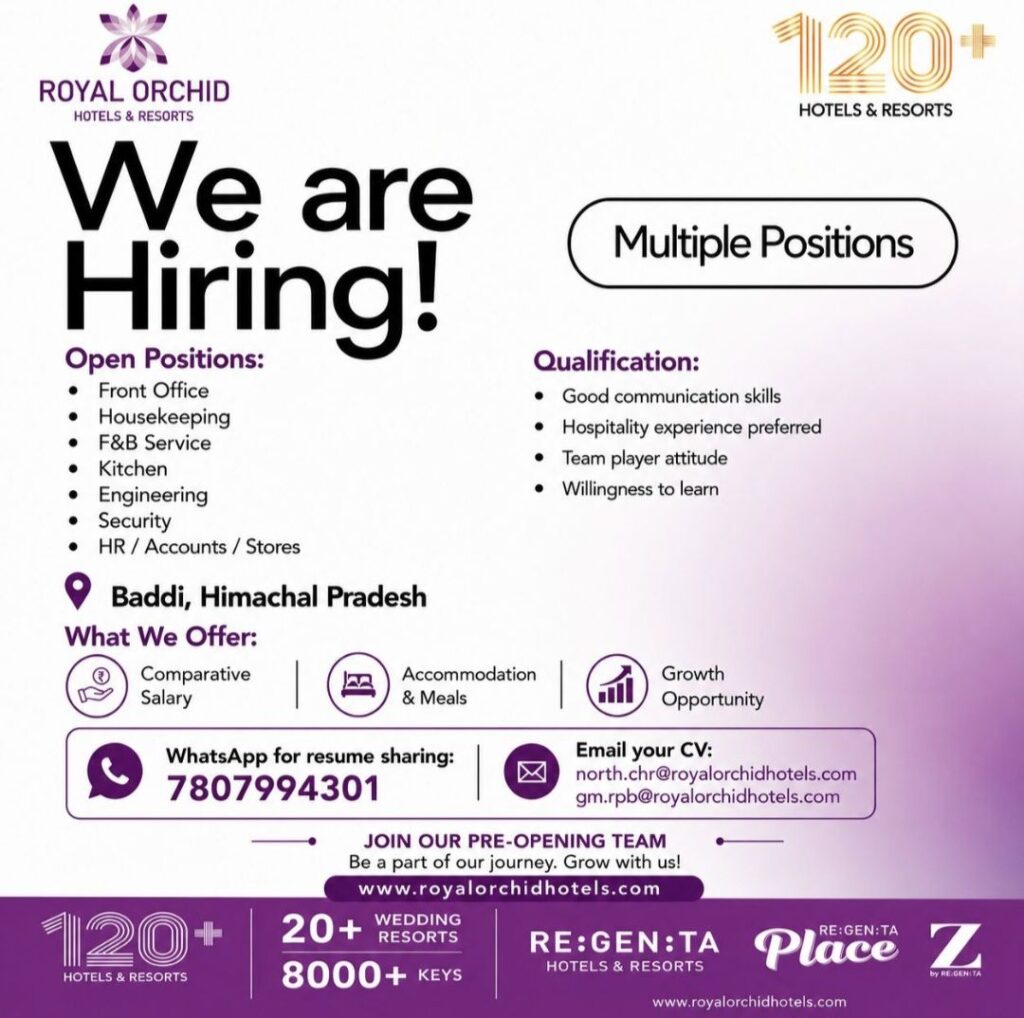 Royal Orchid Hotels & Resorts Recruitment– Multiple Hospitality Job Openings in Baddi, Himachal Pradesh
