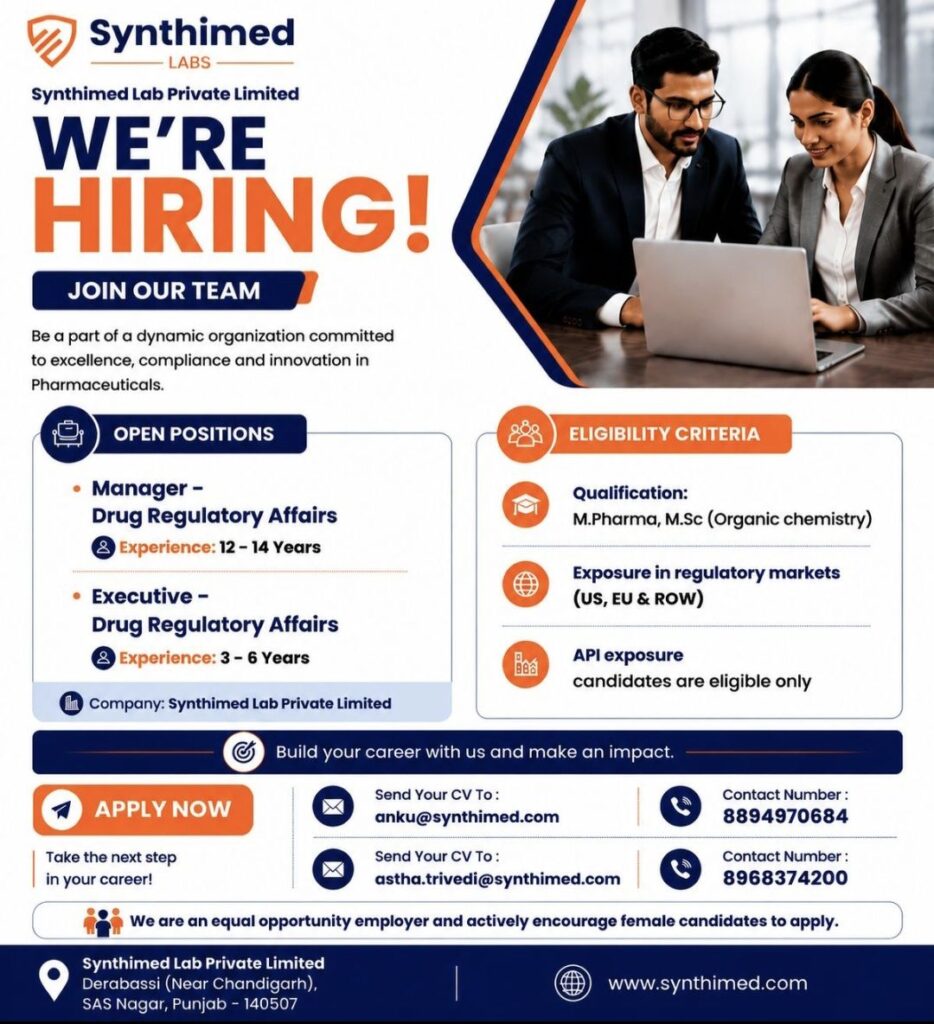 Synthimed Lab Private Limited Hiring– Drug Regulatory Affairs Professionals Invited to Apply