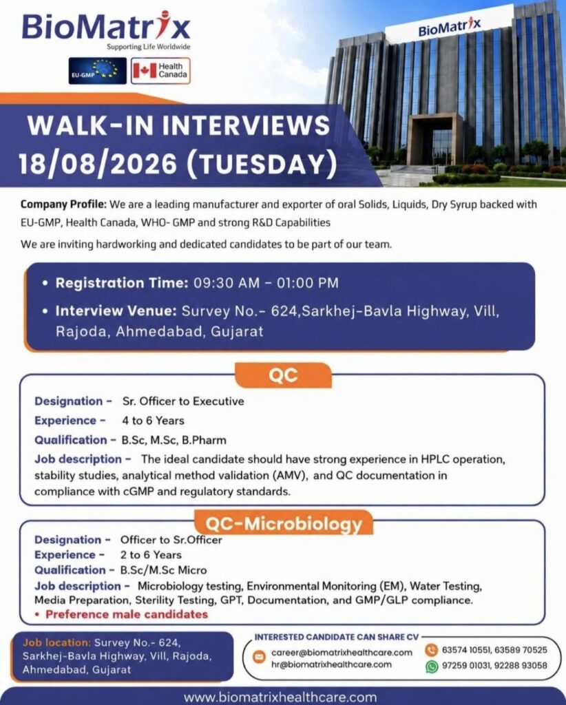 BioMatrix Healthcare Walk-In Interview for QC & QC Microbiology – Ahmedabad, Gujarat