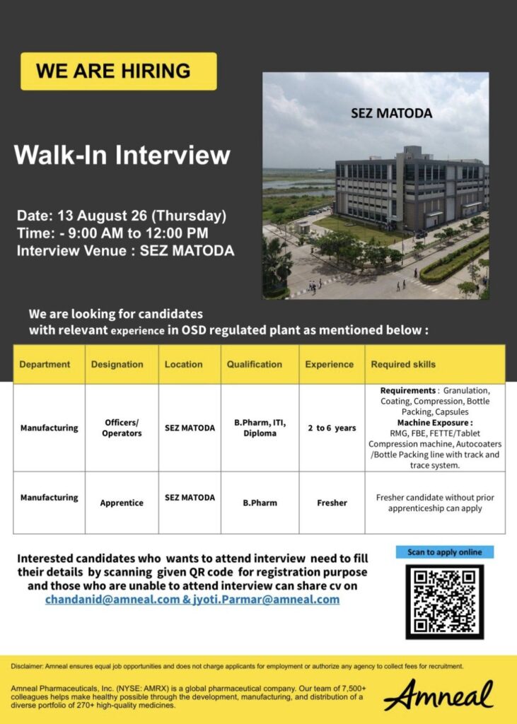 Amneal Pharmaceuticals Walk-In Interview– Manufacturing Department Hiring at SEZ Matoda