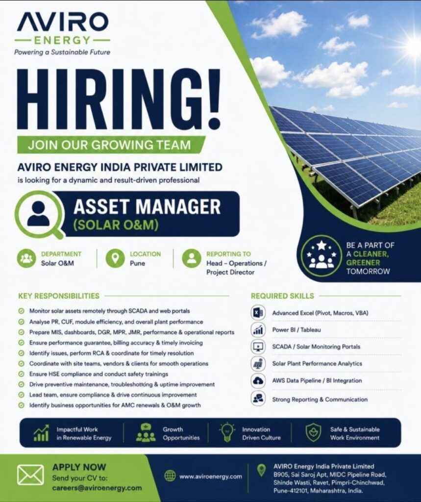 Aviro Energy India Private Limited Recruitment  – Asset Manager (Solar O&M) Opportunity in Pune