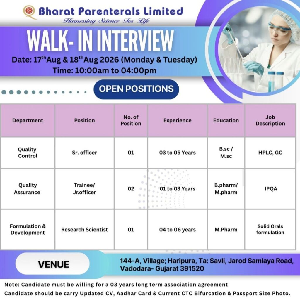 Bharat Parenterals Limited Walk-In Interview – QC, QA & Formulation Development Opportunities