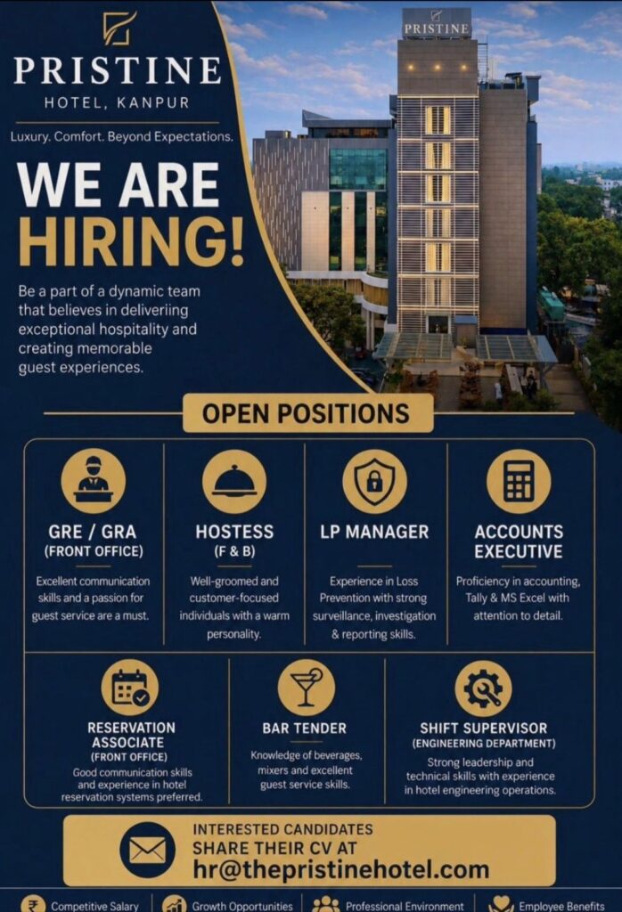 Pristine Hotel Kanpur Recruitment | Front Office, F&B, Accounts, Engineering & Security Department Hiring