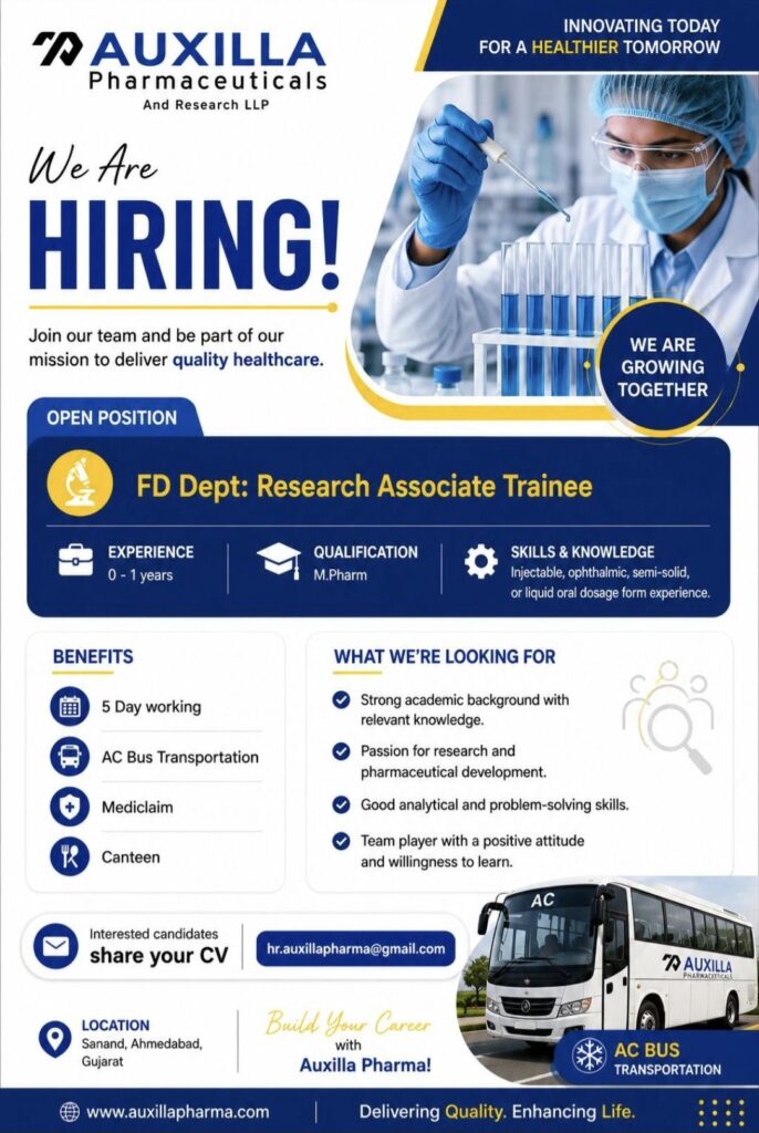 Auxilla Pharmaceuticals Recruitment– Research Associate Trainee (FD Department) | Ahmedabad, Gujarat