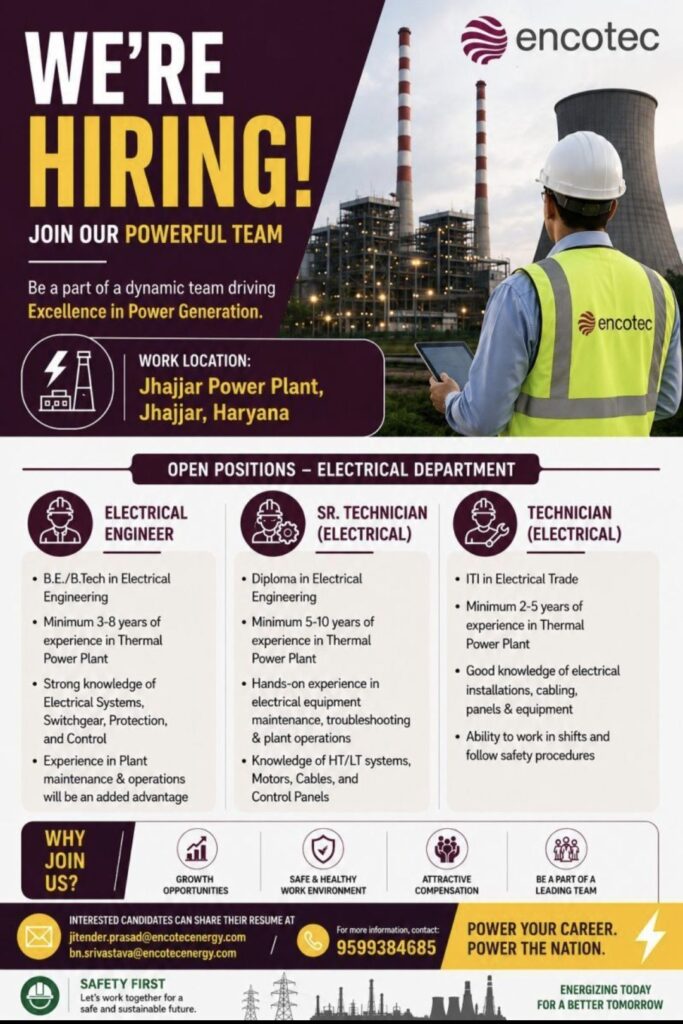Encotec Energy Hiring– Electrical Department Recruitment at Jhajjar Power Plant, Haryana