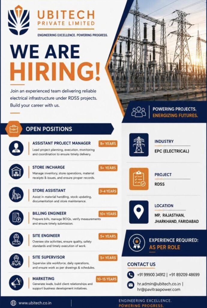 UbiTech Private Limited Recruitment– Multiple Openings in EPC (Electrical) RDSS Projects