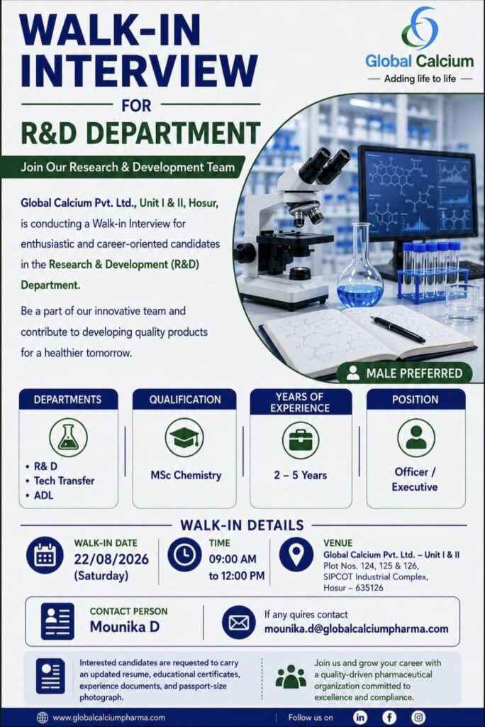 Global Calcium Walk-In Interview for R&D Department | Officer / Executive Jobs in Hosur