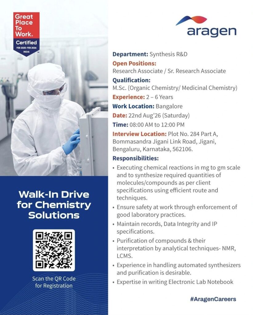 Aragen Walk-In Drive for Synthesis R&D – Research Associate & Sr. Research Associate | Bangalore