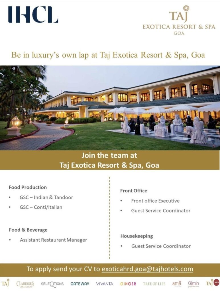 Taj Exotica Resort & Spa Goa Recruitment| Food Production, Front Office, Housekeeping & Food & Beverage Opportunities