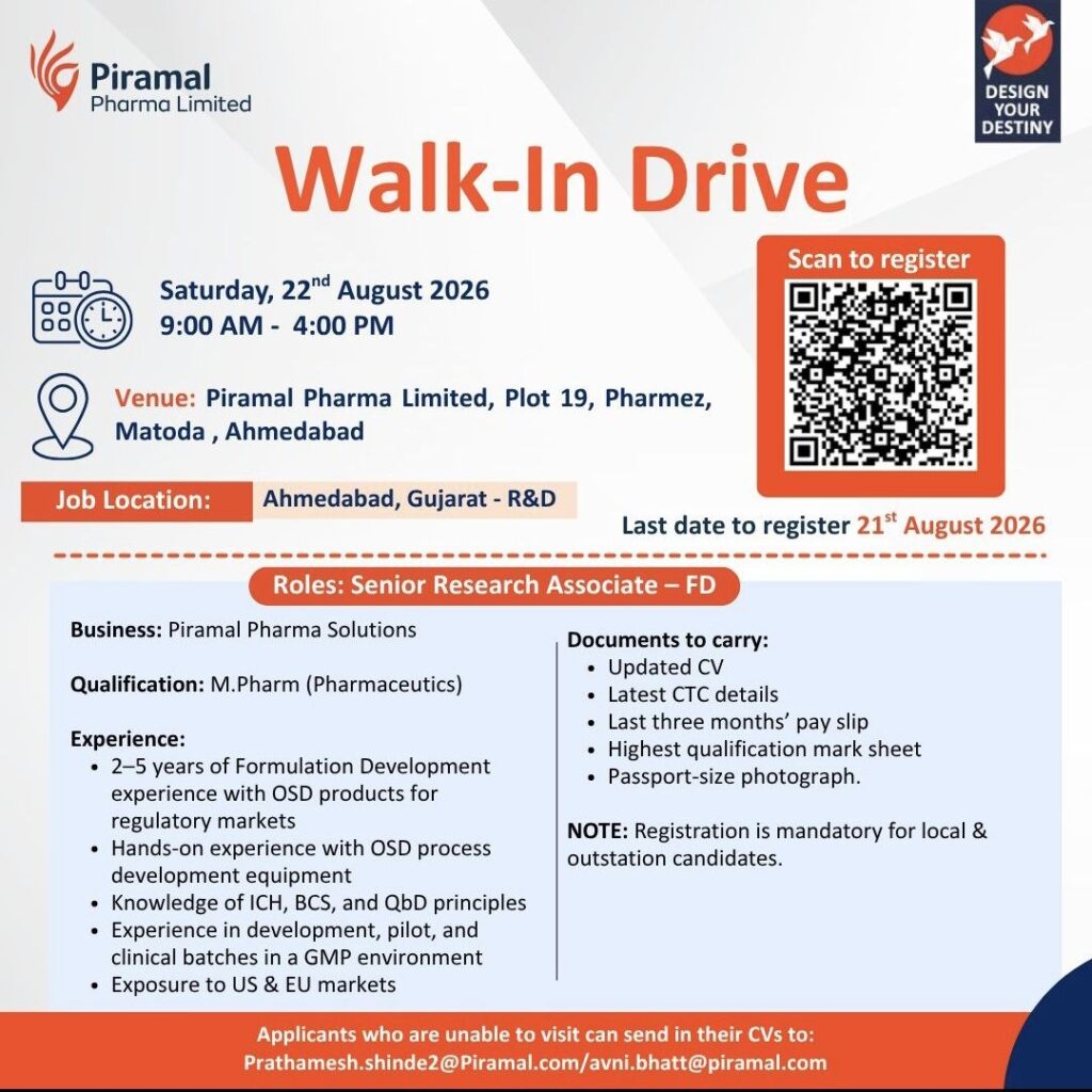 Piramal Pharma Limited Walk-In Drive for Senior Research Associate – Formulation Development (FD) | Ahmedabad