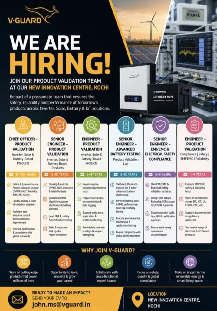 V-Guard Product Validation Team Recruitment – Multiple Engineering Opportunities at New Innovation Centre, Kochi