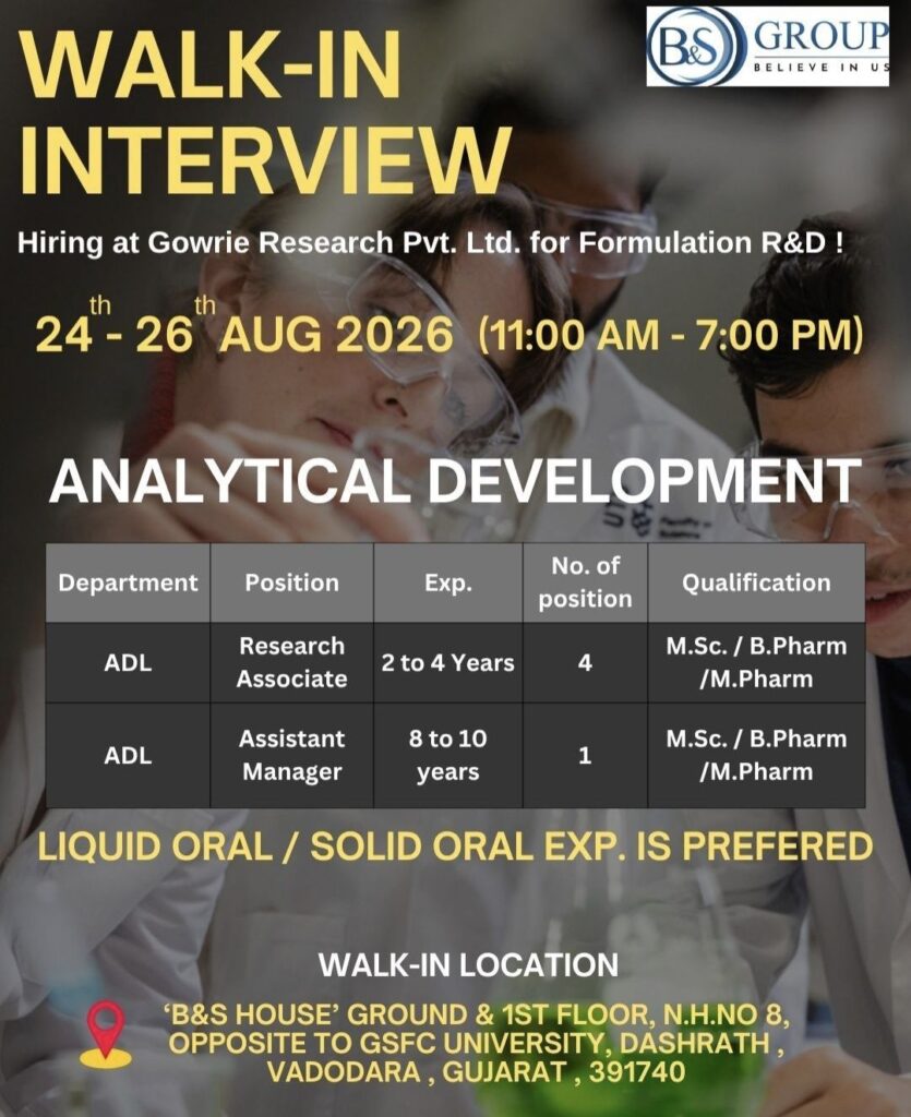 Gowrie Research Pvt. Ltd. Walk-In Interview for Analytical Development (ADL) – Research Associate & Assistant Manager
