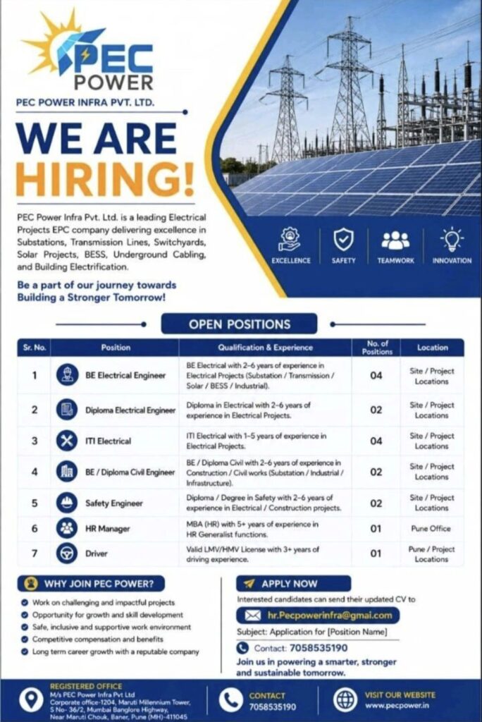PEC Power Infra Pvt. Ltd. Recruitment – Electrical, Civil, Safety, HR & Driver Vacancies