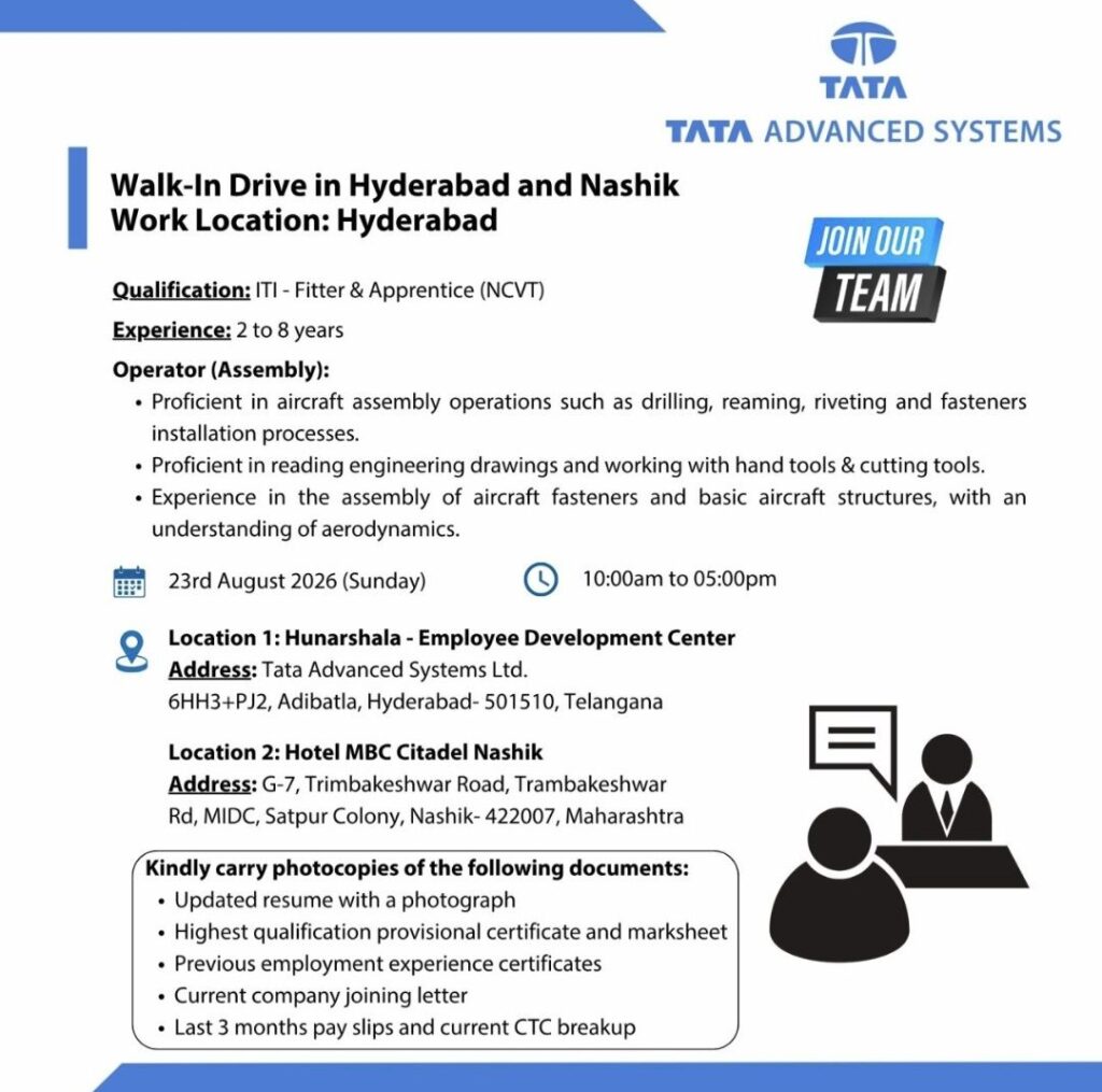 Tata Advanced Systems Walk-In Drive for Operator (Assembly) – ITI Fitter & Apprentice Jobs in Hyderabad