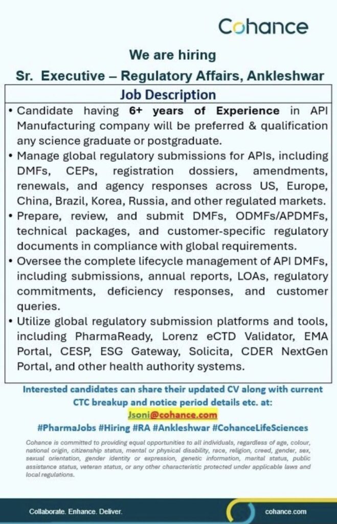 Cohance Life Sciences Hiring: Senior Executive – Regulatory Affairs (Ankleshwar)