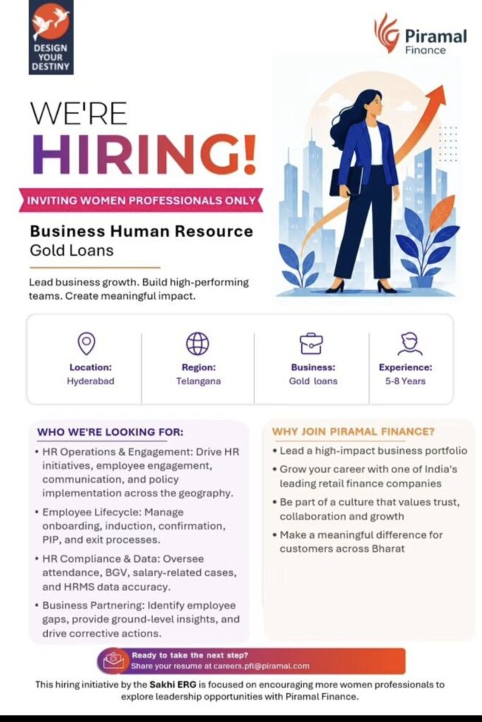 Piramal Finance Hiring Women Professionals for Business Human Resource – Gold Loans, Hyderabad