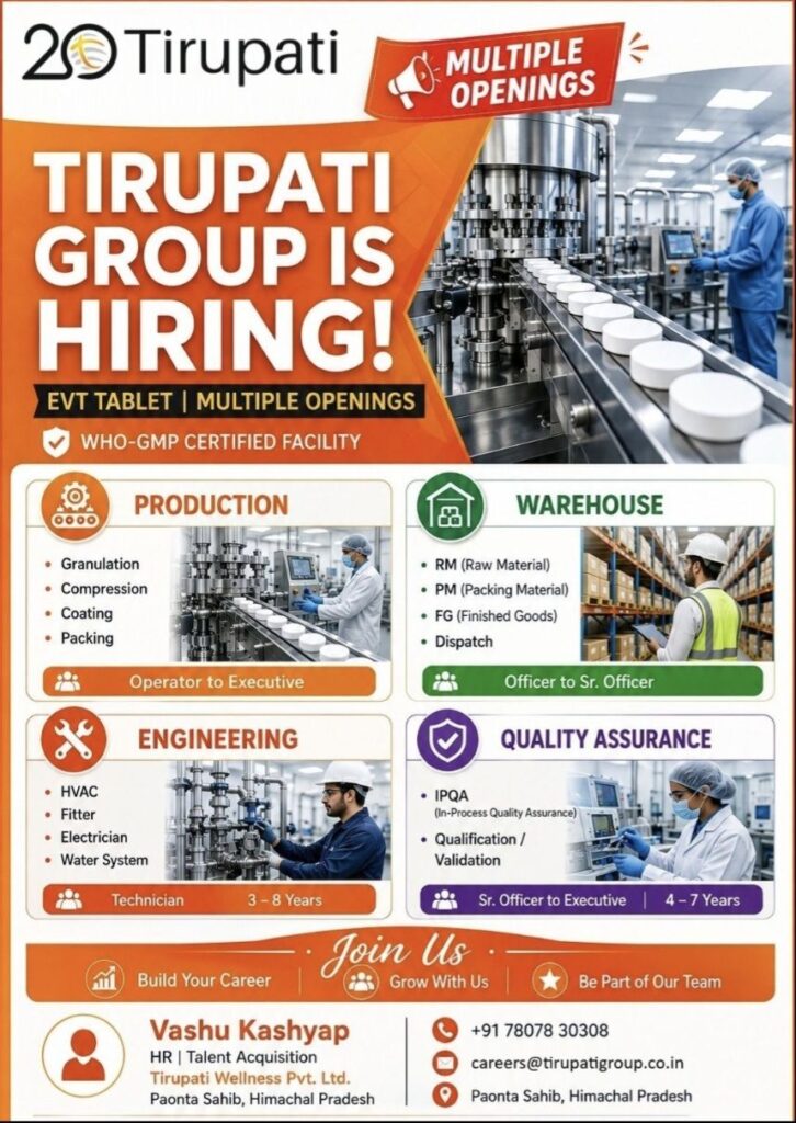 Tirupati Group Hiring– Multiple Openings in Production, Warehouse, Engineering & Quality Assurance