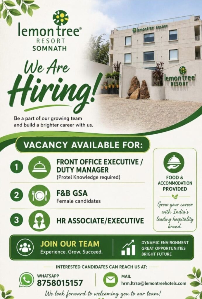Lemon Tree Resort Somnath Recruitment – Front Office, F&B GSA & HR Executive Jobs
