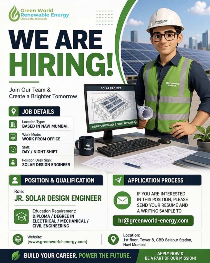 Green World Renewable Energy Recruitment – Jr. Solar Design Engineer Jobs in Navi Mumbai