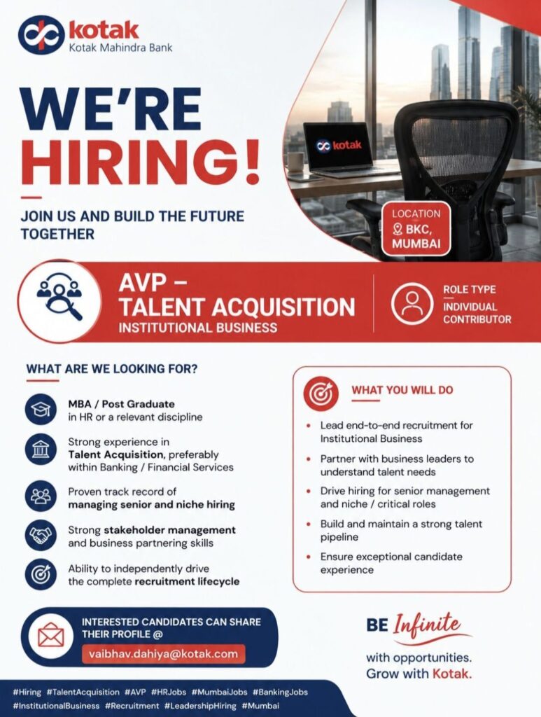 Kotak Mahindra Bank Hiring– AVP Talent Acquisition (Institutional Business) Opportunity in Mumbai