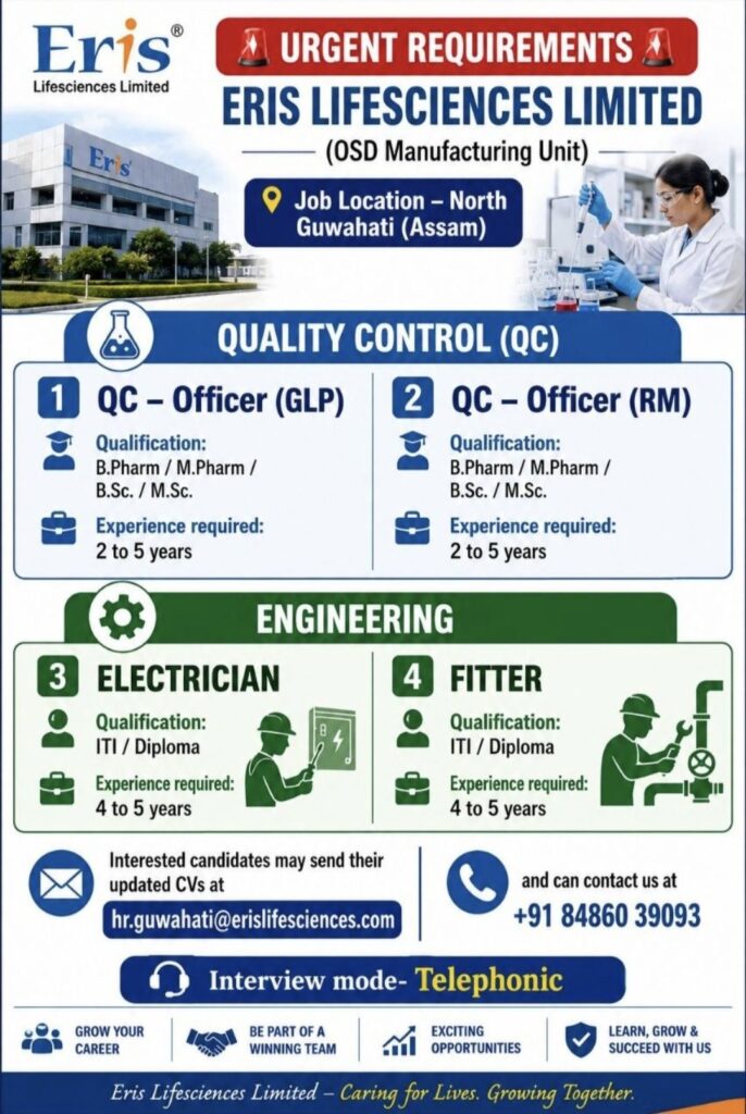 Eris Lifesciences Limited Recruitment – QC Officer, Electrician & Fitter Jobs in Assam | Apply Now