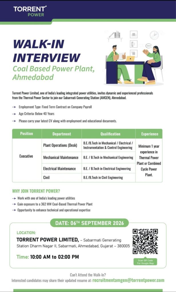 Torrent Power Walk-In Interview– Executive Jobs in Thermal Power Plant