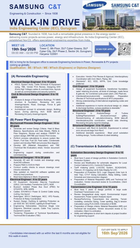 Samsung C&T India Engineering Center Walk-In Drive – Renewable Energy, Power Plant & Transmission Engineering Opportunities