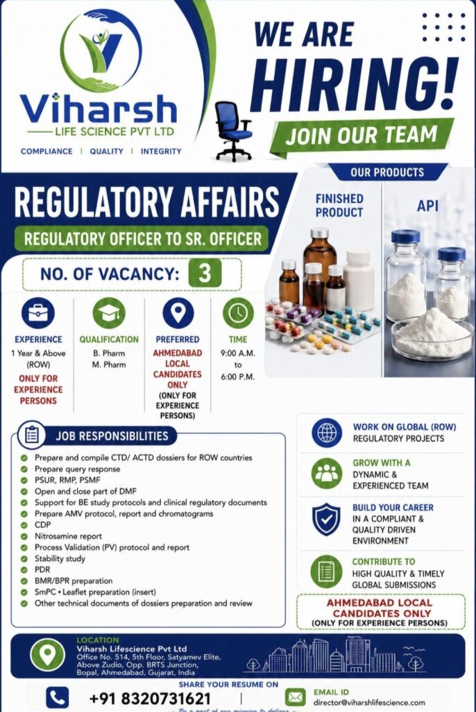 Viharsh Life Science Pvt. Ltd. Hiring Regulatory Affairs Professionals – Regulatory Officer to Sr. Officer