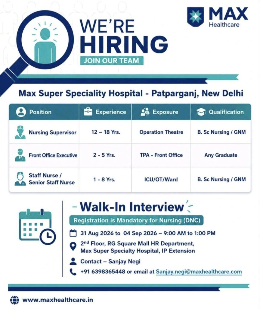 Max Healthcare Recruitment| Walk-In Interview for Nursing & Front Office Positions in New Delhi