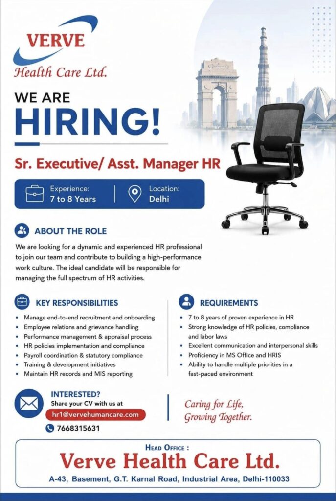 Verve Health Care Ltd. Recruitment – Sr. Executive / Assistant Manager HR