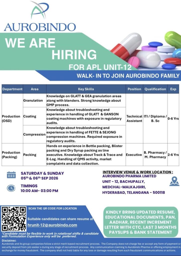 Aurobindo Pharma Walk-In Drive| Production & Packing Jobs