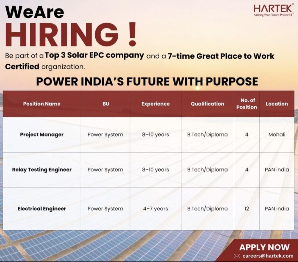 Hartek Recruitment– Power System Department Hiring | Project Manager, Relay Testing Engineer & Electrical Engineer