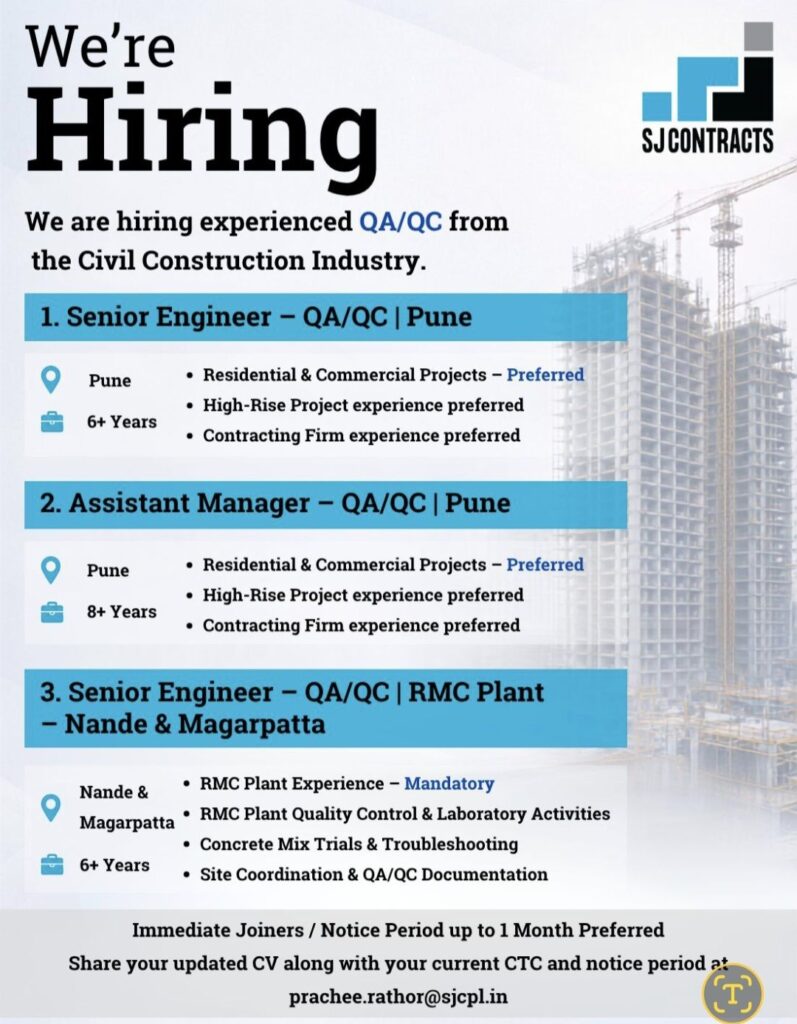 SJ Contracts Recruitment– QA/QC Professionals Hiring for Pune & RMC Plant