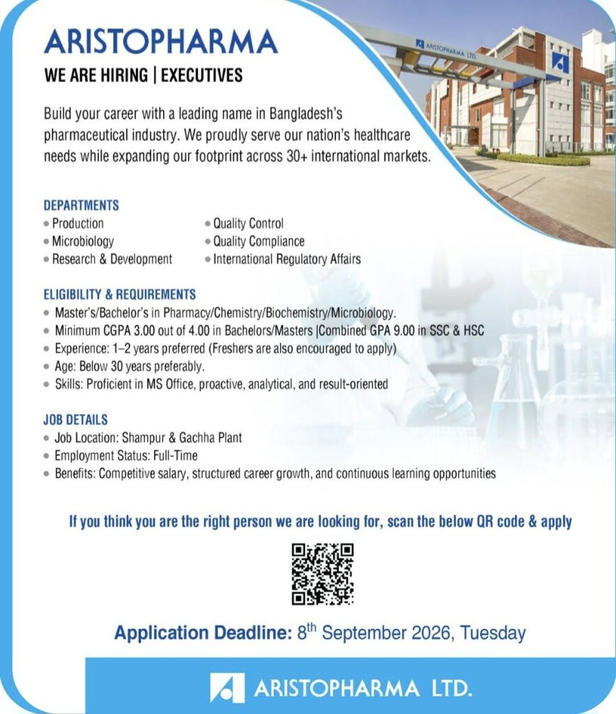 Aristopharma Ltd. Executive Recruitment – Production, QC, Microbiology, R&D & Regulatory Affairs