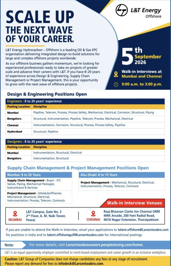 L&T Energy Hydrocarbon – Offshore Walk-in Drive 2026 | Design, Engineering, Supply Chain & Project Management Careers