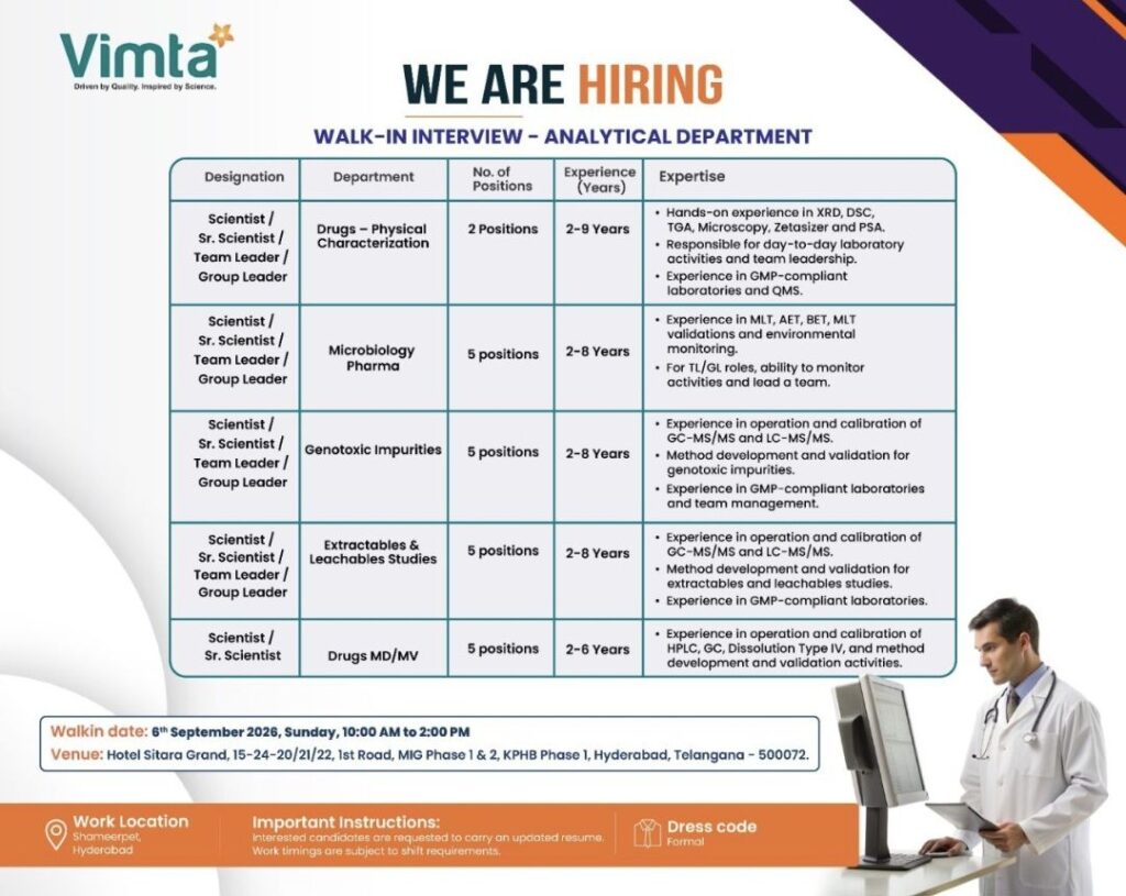Vimta Walk-In Interview| Analytical Department Hiring