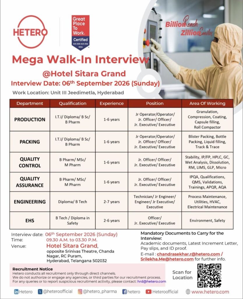 Hetero Pharma Mega Walk-In Interview – Production, Packing, QC, QA, Engineering & EHS Jobs in Hyderabad
