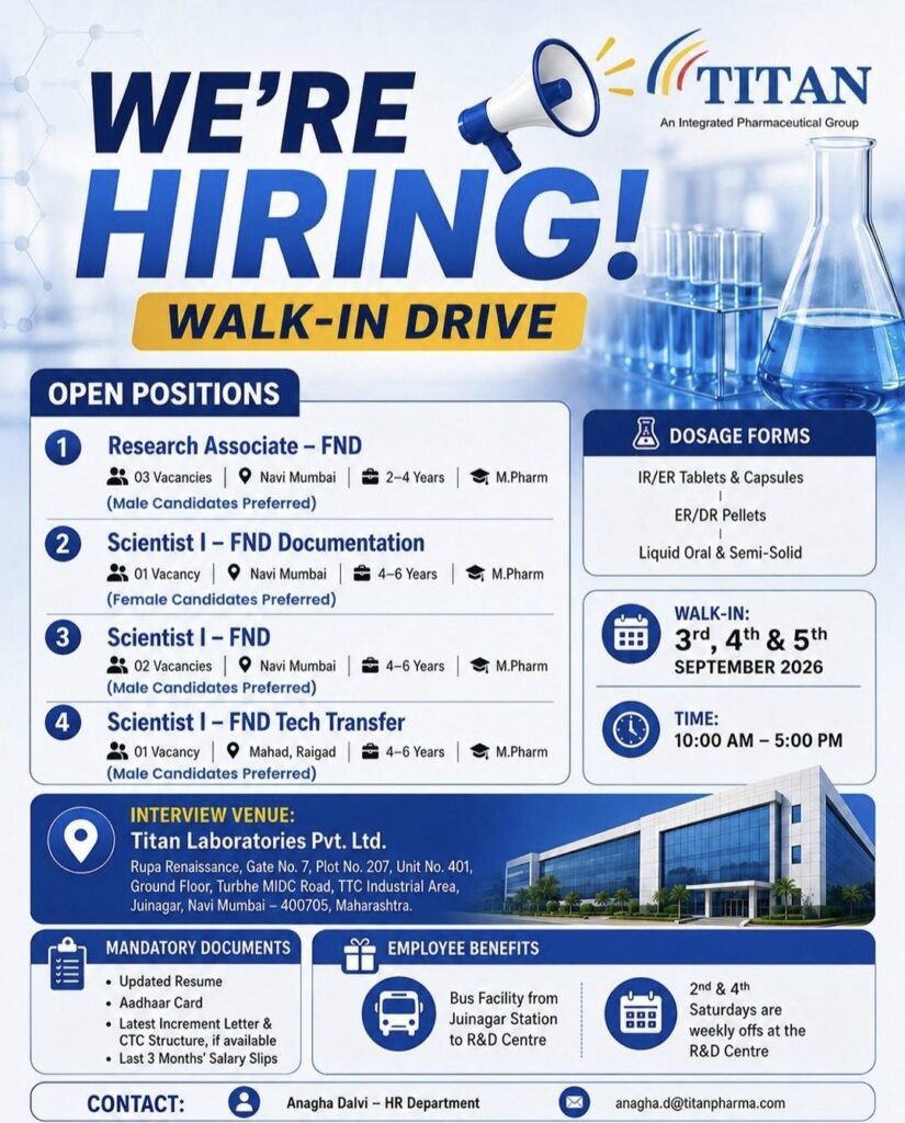 Titan Laboratories Walk-In Drive – F&D Research Associate and Scientist Opportunities in Maharashtra