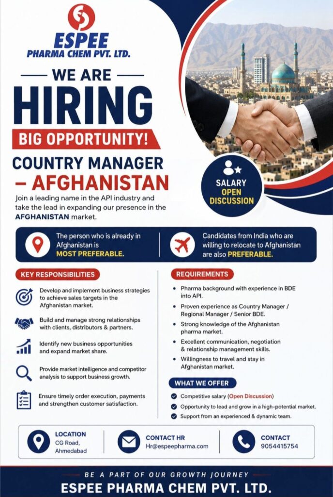 Espee Pharma Chem Pvt. Ltd. Hiring Country Manager – Afghanistan