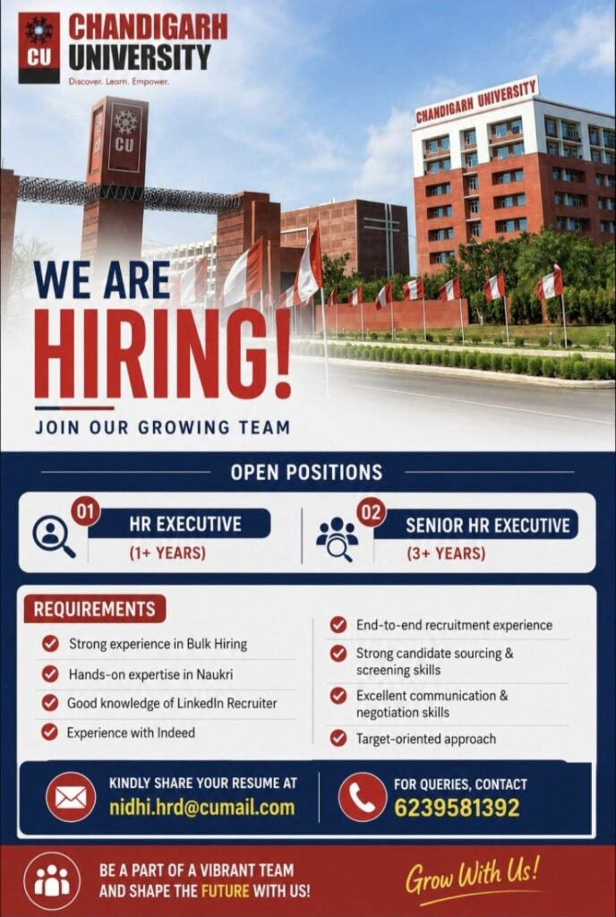 Chandigarh University Recruitment| HR Executive & Senior HR Executive Jobs